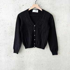 Vintage Anna Molinari Floral Beaded Embroidered Wool Cardigan Black